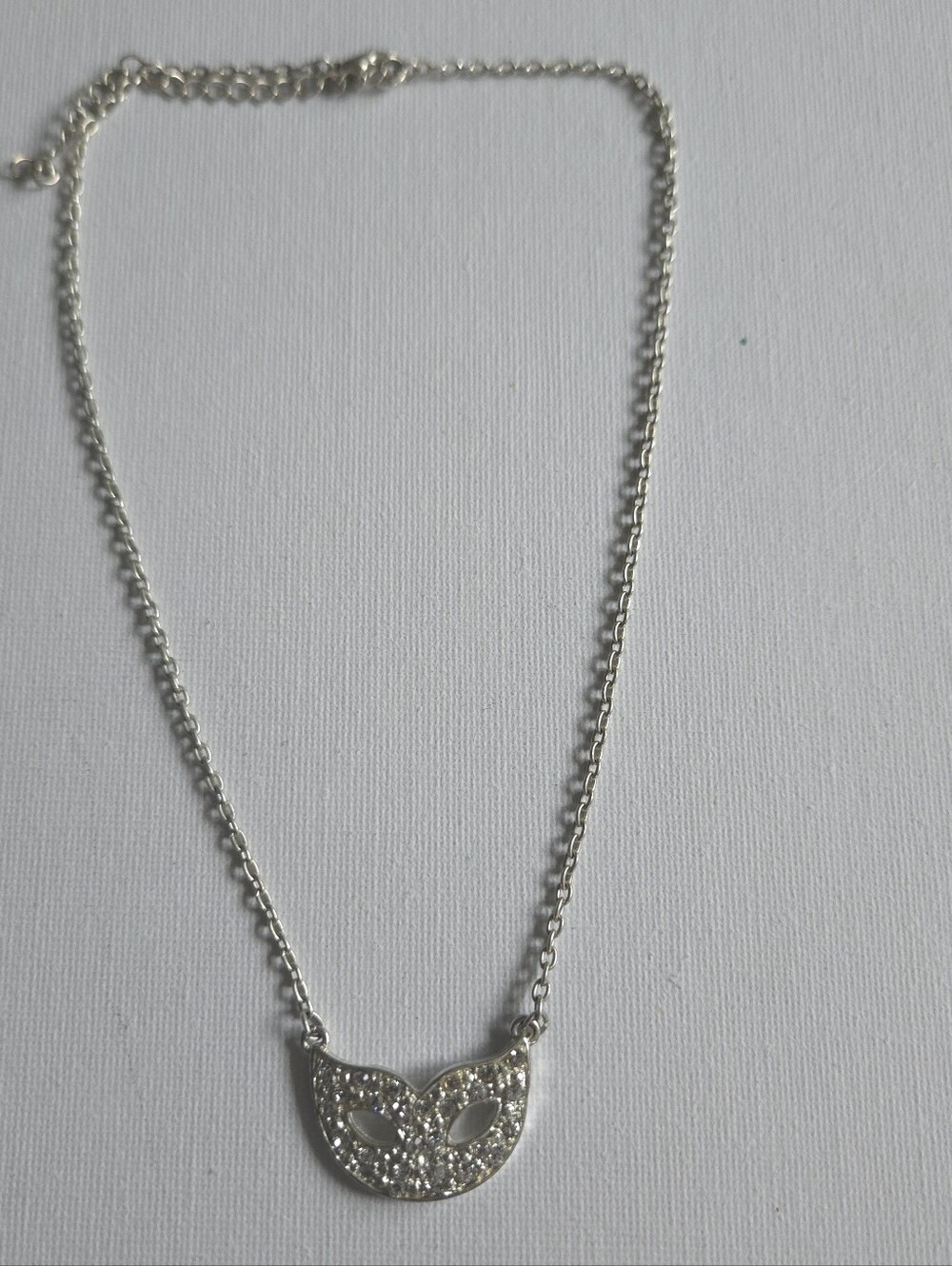 Rhinestone Masquerade Mask Pendant Necklace Silver Tone Chain Venetian Style